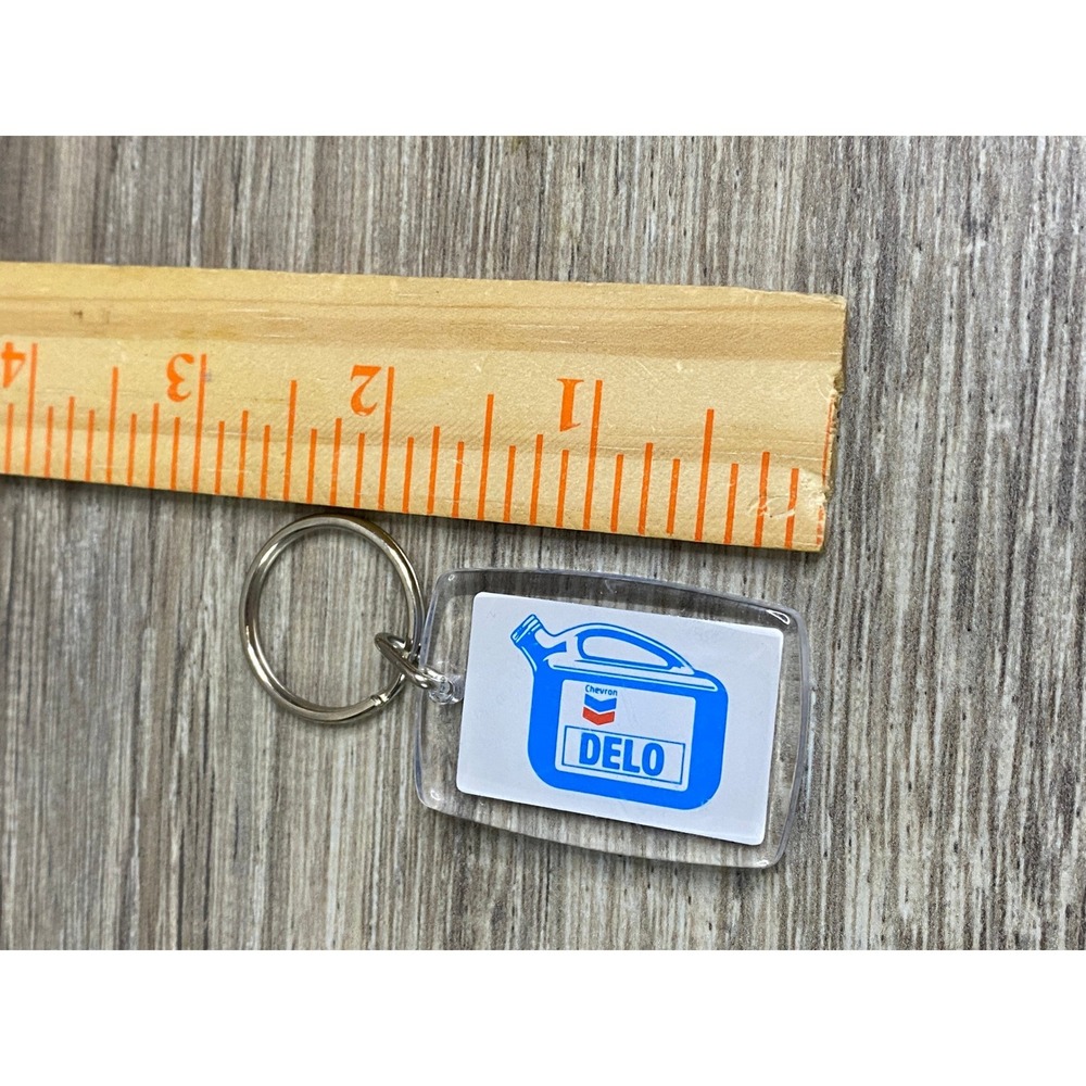 Vintage Chevron Delo Oil Jug Keychain‎ Acrylic Gas Station Advertising Fob Blue